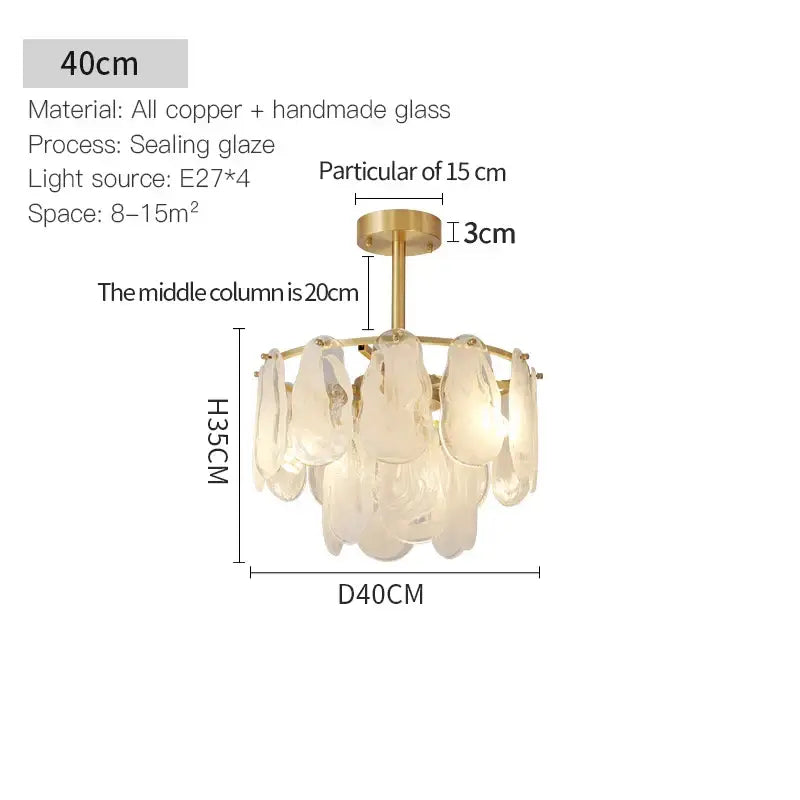 DecorBites crystal chandelier with brass-finished copper frame and handcrafted glass leaves for modern interiors