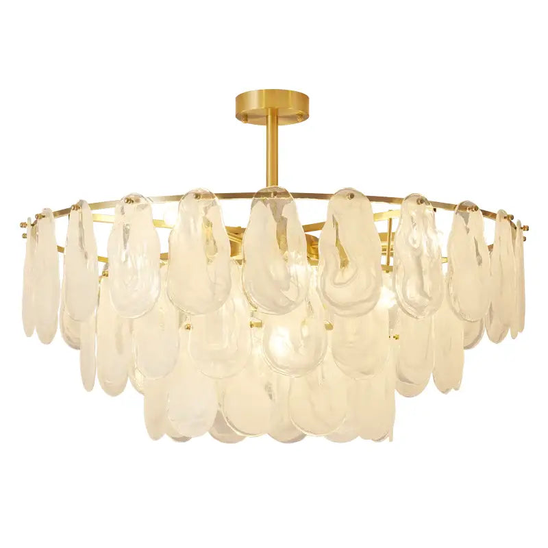 Elegant decorbites crystal chandelier with gold-toned brass and cascading translucent glass teardrop shades for modern luxury