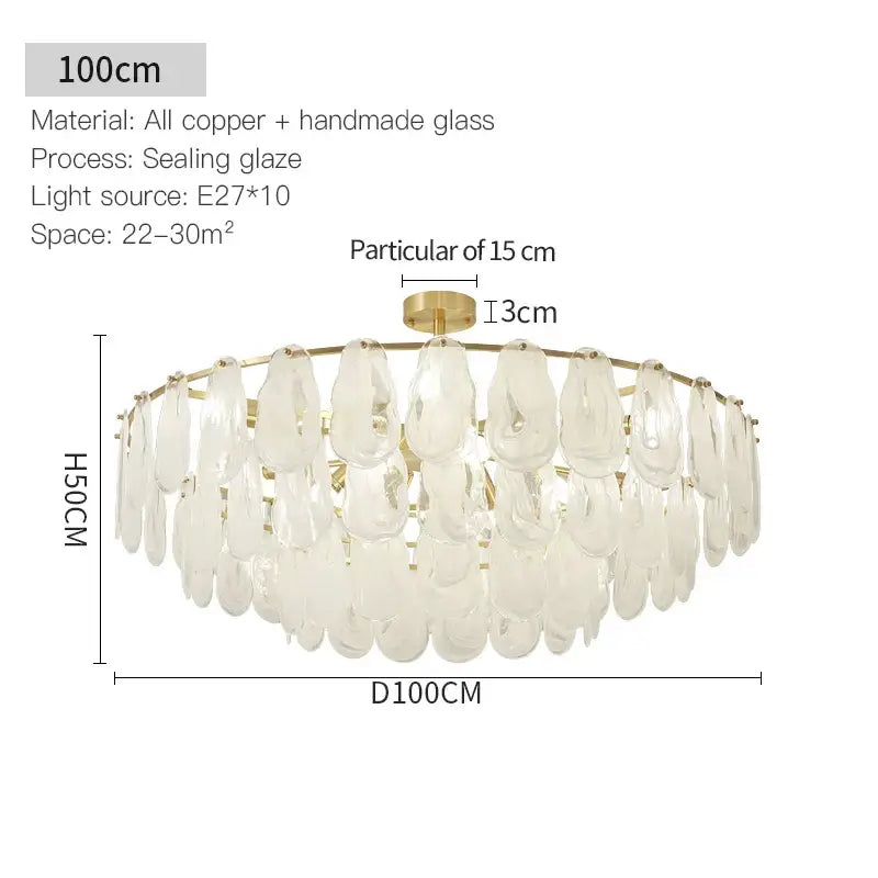 A modern decorbites crystal chandelier with a gold-toned copper frame and glass droplets for living room luxury