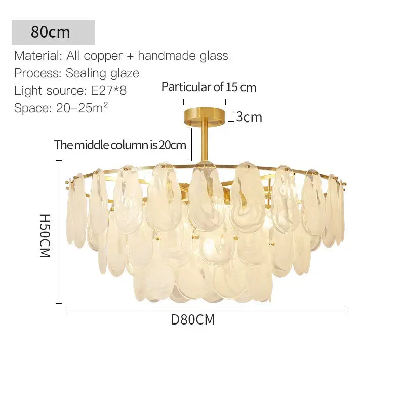 Gold-toned copper decorbites crystal chandelier with layered translucent handmade glass teardrop shades for living room and bedroom