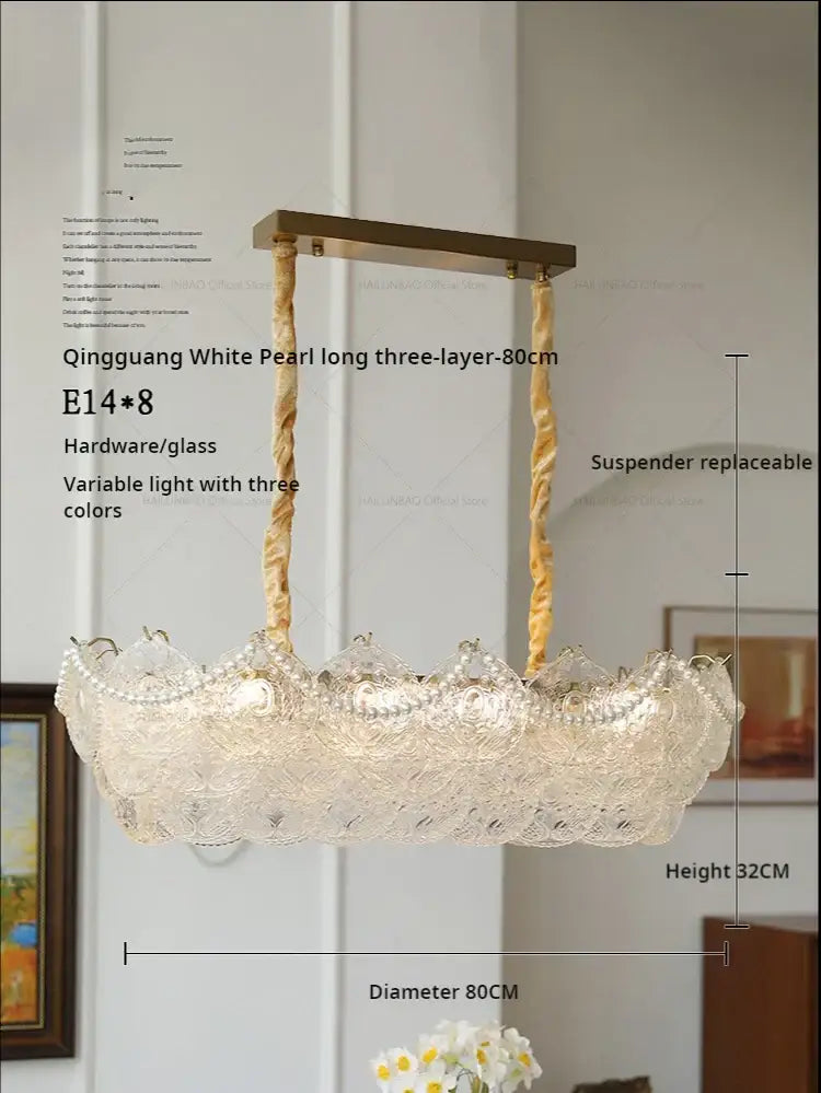 Elegant white pearl decorbites crystal chandelier with three-layer glass design and gold-toned hardware for chic decor