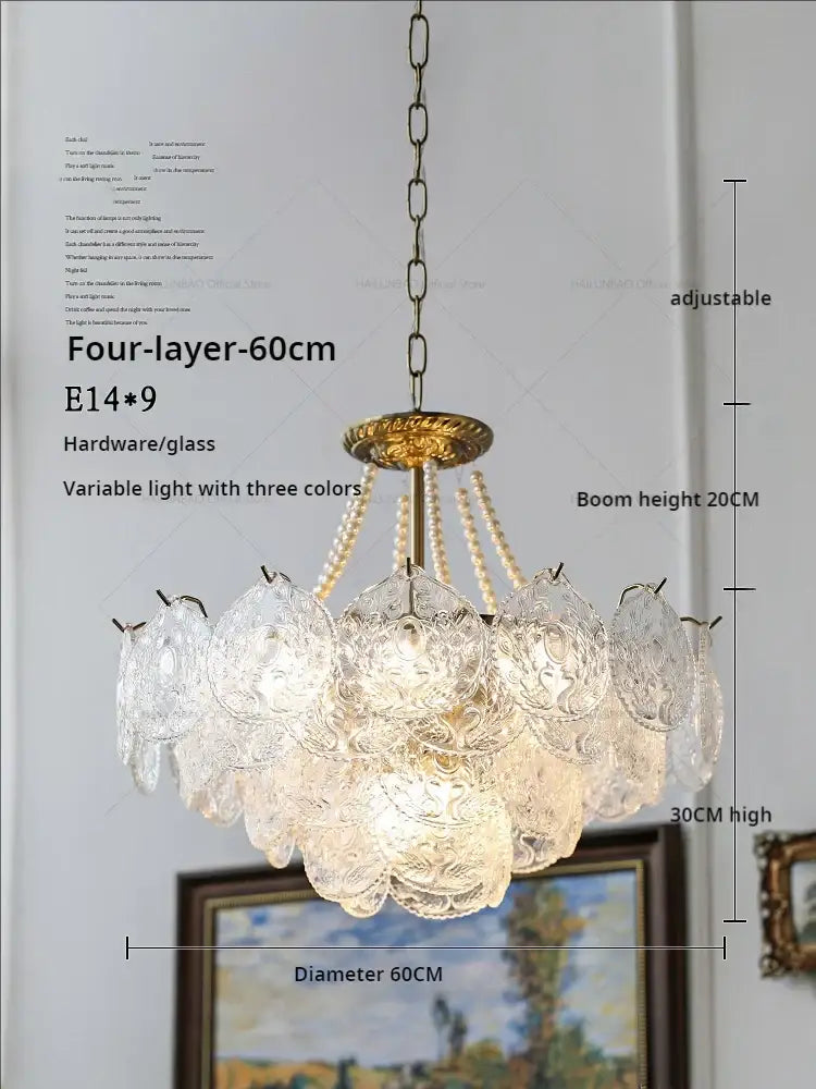 Elegant four-layer decorbites crystal chandelier with clear glass petals brass hardware adjustable height and variable lighting