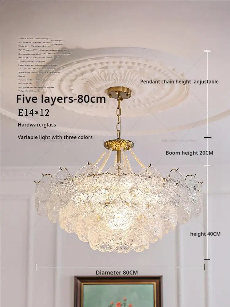 Elegant decorbites crystal chandelier with five layered tiers featuring clear glass petals and gold-toned hardware