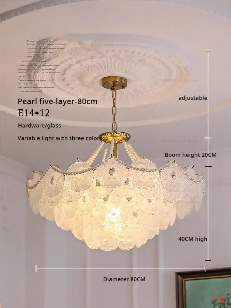 Elegant decorbites crystal chandelier with five-layer pearl design, golden frame, glass shades, and adjustable height lighting