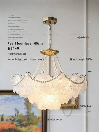 Elegant decorbites crystal chandelier with four frosted glass pearl layers, beaded accents, adjustable height, and triple lighting colors