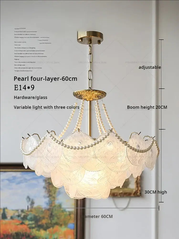 Elegant decorbites crystal chandelier with four frosted glass pearl layers, beaded accents, adjustable height, and triple lighting colors