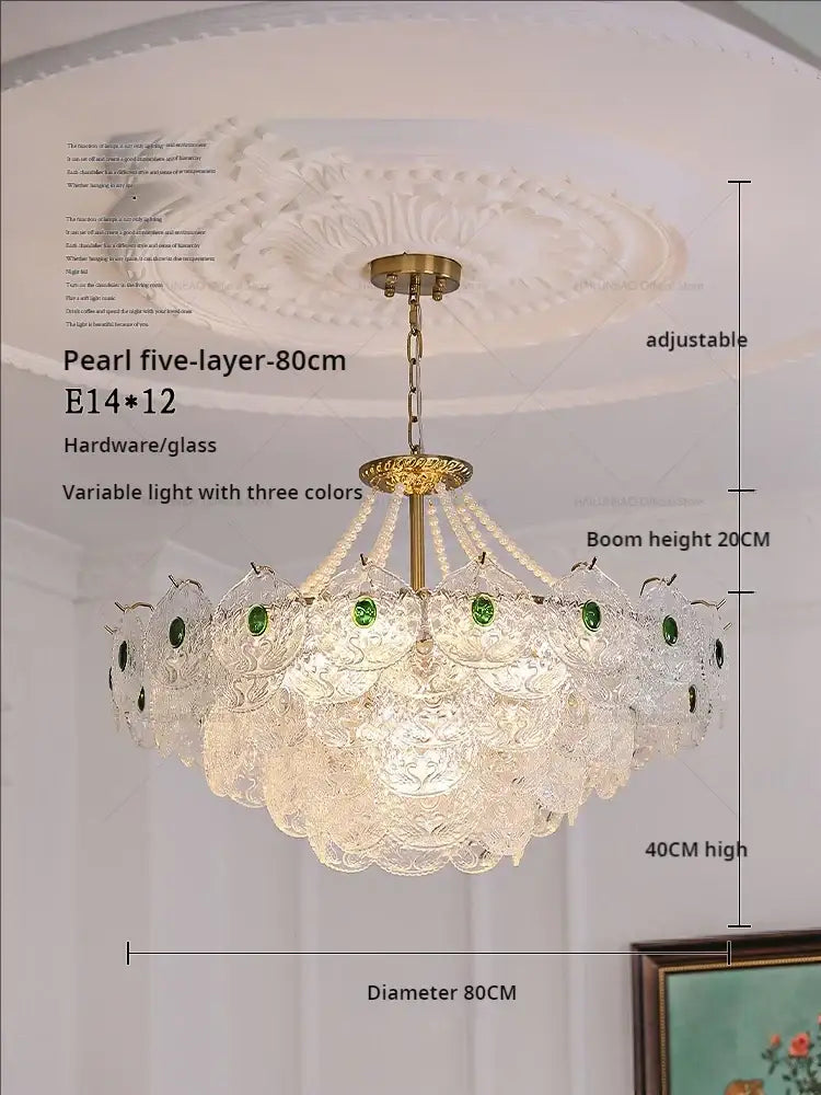 Elegant decorbites crystal chandelier with pearl five layers brass finish crystal shades and green accent stones for decor