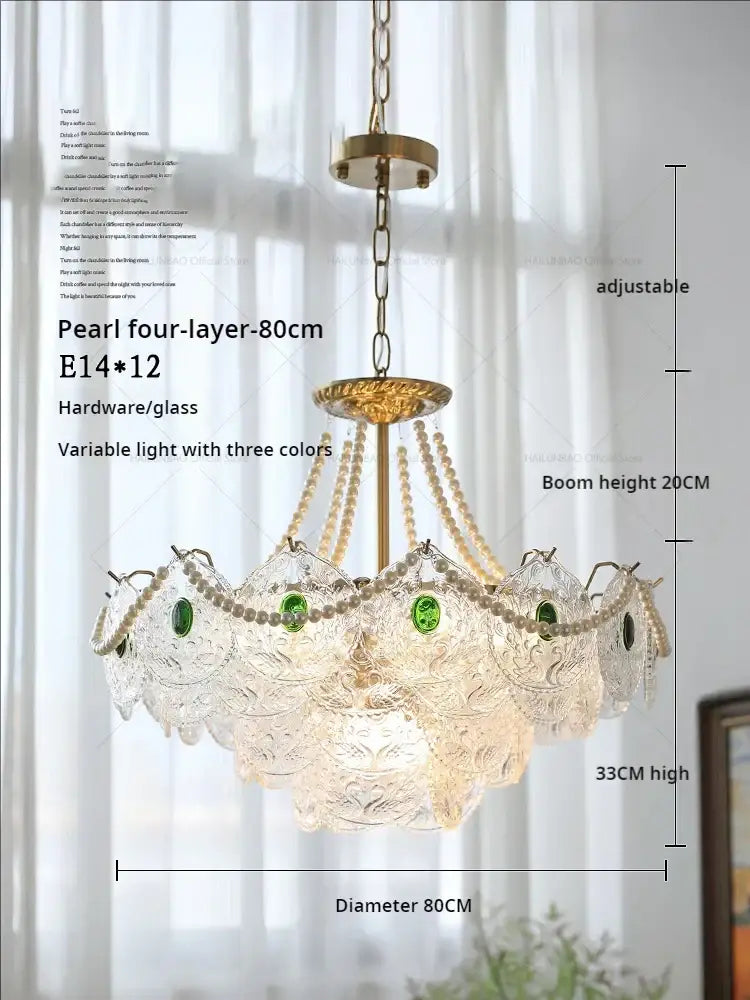 Delorbites crystal chandelier with four layers of clear glass petals and green gemstone accents for elegant home decor