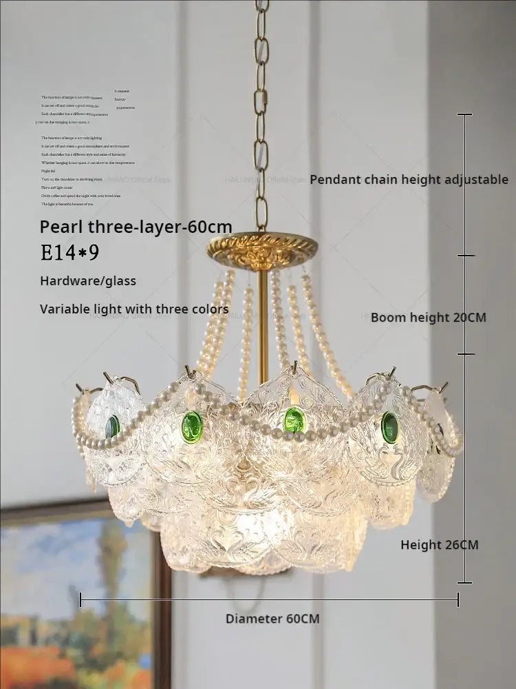 Elegant pearl three-layer DecorBites crystal chandelier with gold frame clear glass shades green gemstones pearls