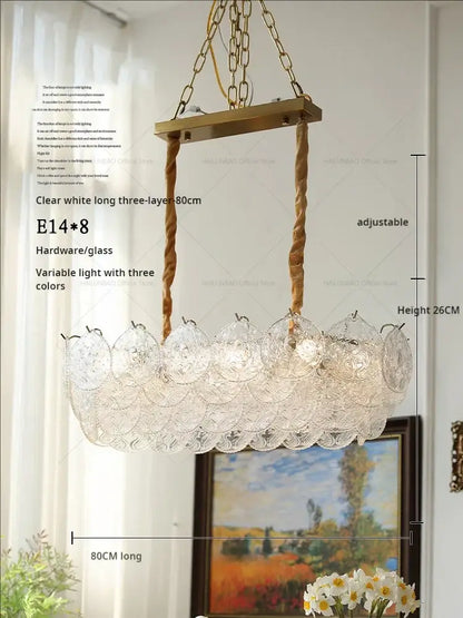 Clear white three-layer glass decorbites crystal chandelier with brass hardware and twisted rope suspension for elegant decor