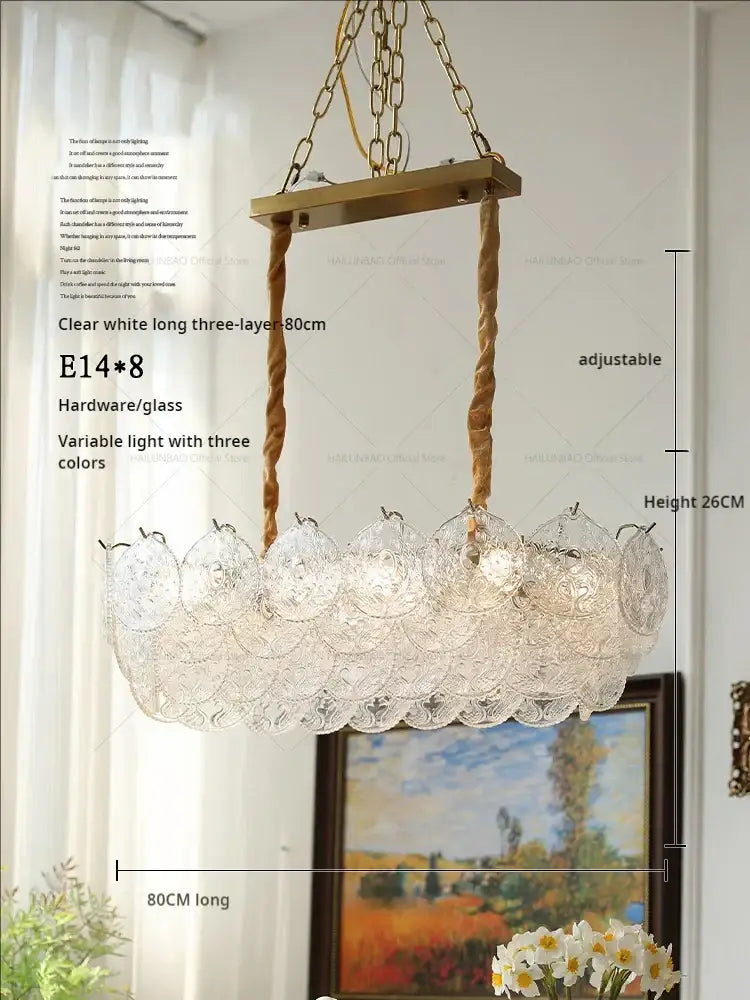Clear white three-layer glass decorbites crystal chandelier with brass hardware and twisted rope suspension for elegant decor