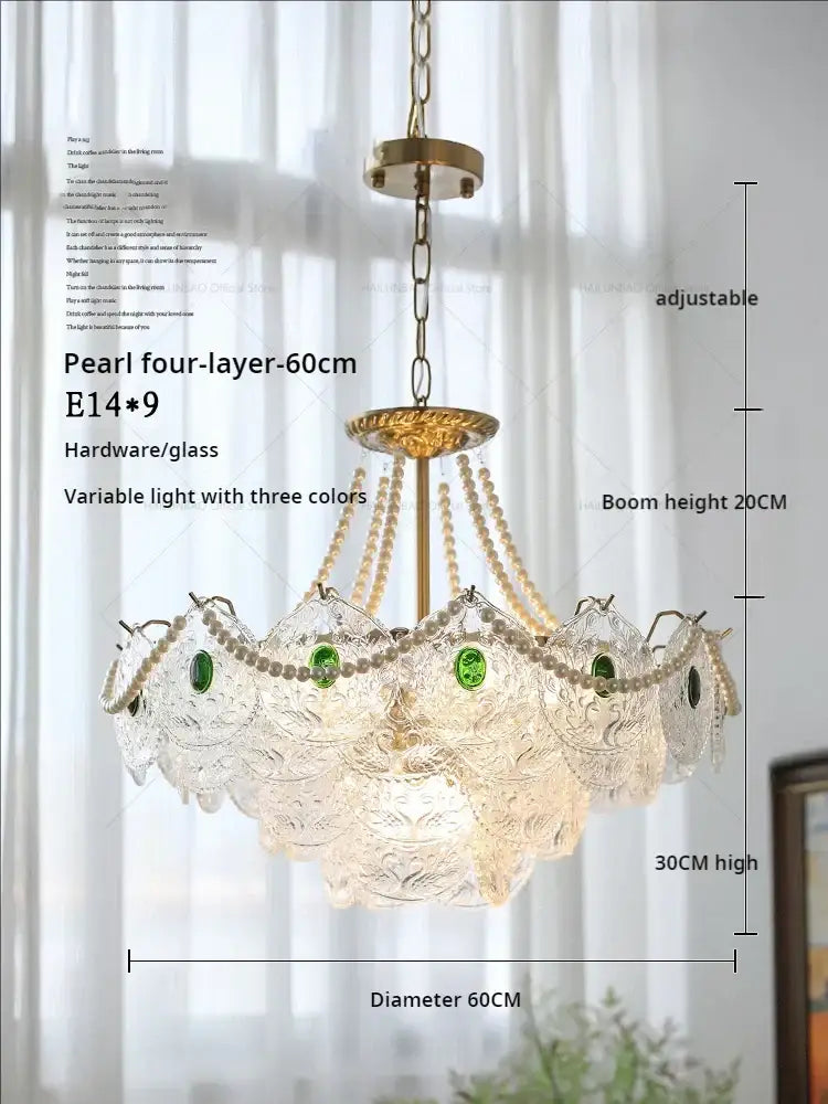 Elegant four-layer decorbites crystal chandelier with pearl accents clear glass petals green gemstones brass finish