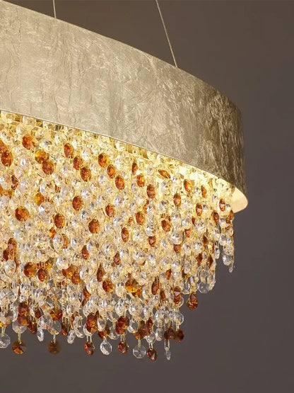 Luxurious decorbites crystal chandelier with textured metallic shade and clear amber crystal beads for living room use