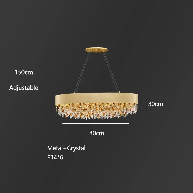 Decorbites crystal chandelier gold-toned circular design with metallic frame and cascading crystals for living room