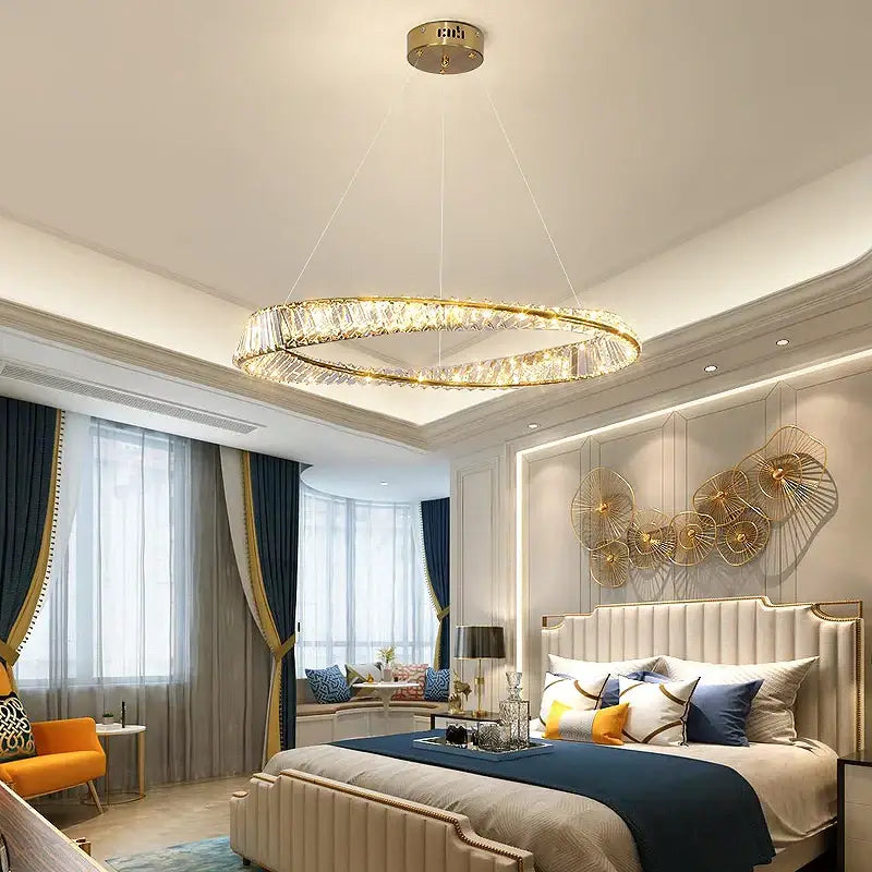Decorbites crystal chandelier modern circular gold-toned frame with clear crystals for luxurious living spaces