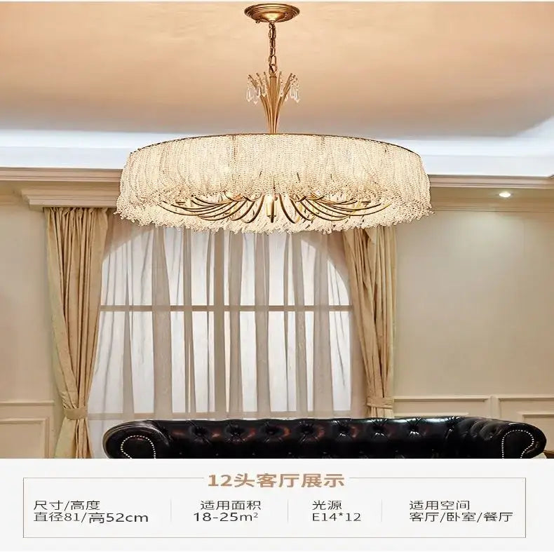 Gold-toned decorbites crystal chandelier with circular frame and cascading crystal fringe for villa hall and bedroom lighting