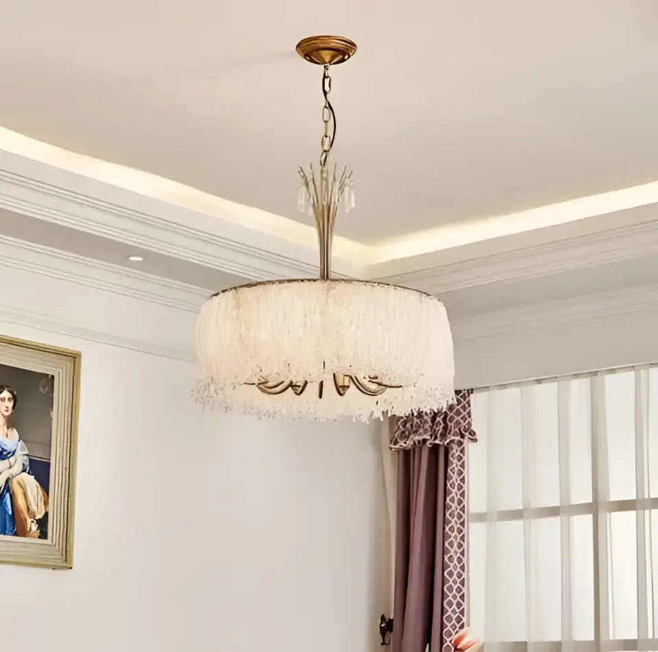 DecorBites crystal chandelier with brass metal frame and cascading clear crystals for villa hall and bedroom lighting
