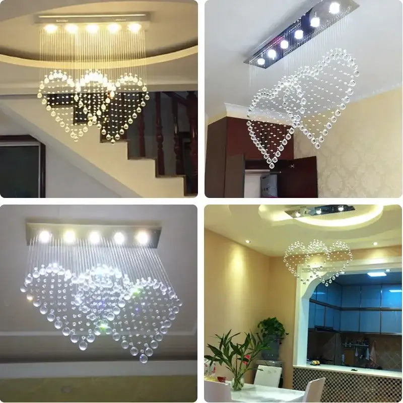 DecorBites crystal chandelier heart-shaped with clear beads and rectangular led light for bedroom and dining room lighting