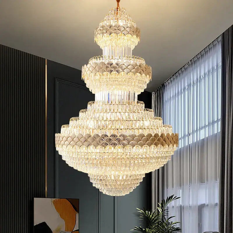 Decorbites crystal chandelier with golden metal frame and cascading clear glass prisms for modern loft lighting