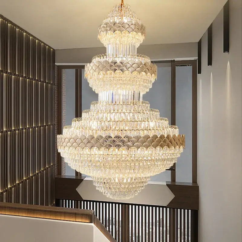 DecorBites crystal chandelier with multi-tiered fan-shaped glass elements and warm golden-toned central structure