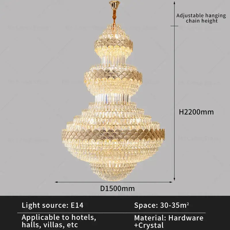 A decorbites crystal chandelier with a gold-toned frame and clear faceted crystals for modern loft lighting