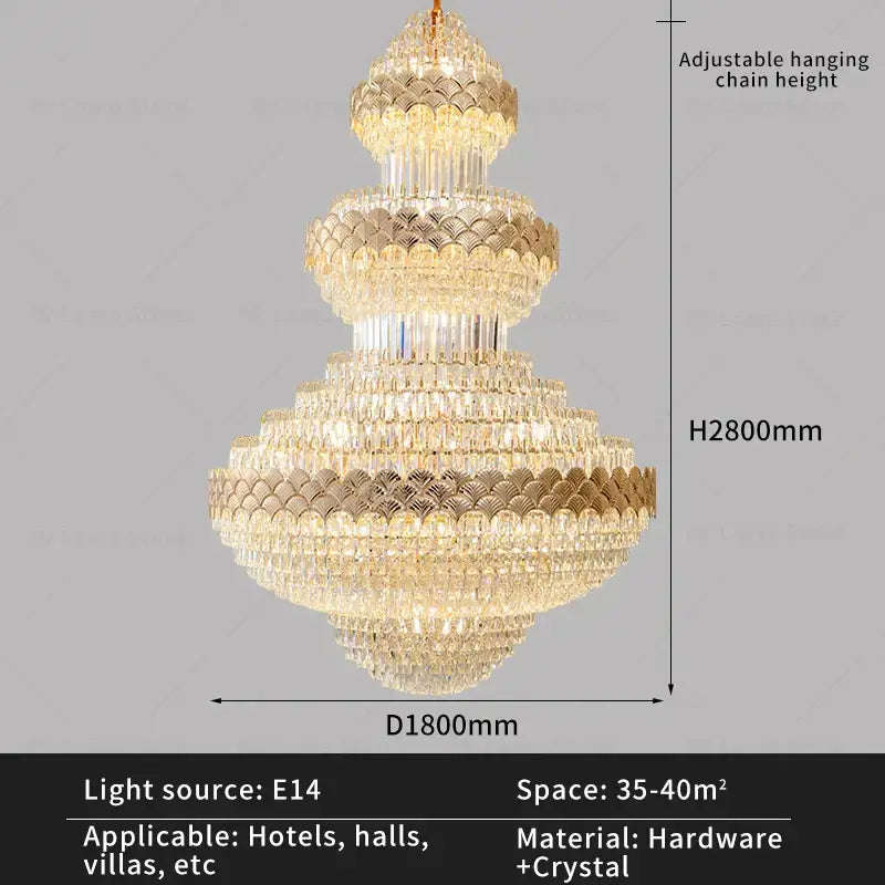 Decorbites crystal chandelier gold-toned multi-tiered with faceted glass for modern duplex loft staircase lighting
