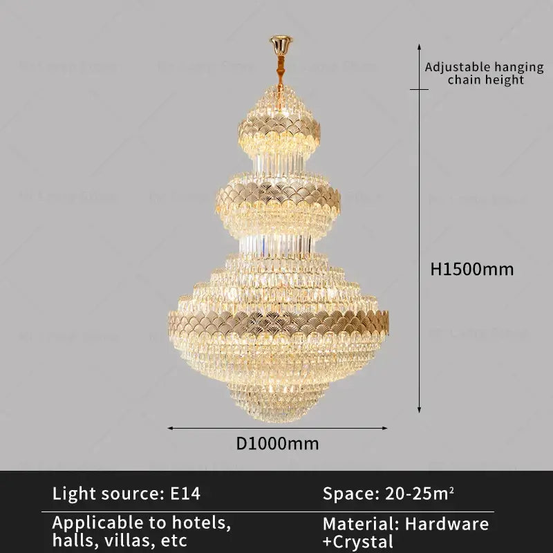 Decorbites crystal chandelier with golden frame and cascading clear and gold-toned crystals for modern living rooms