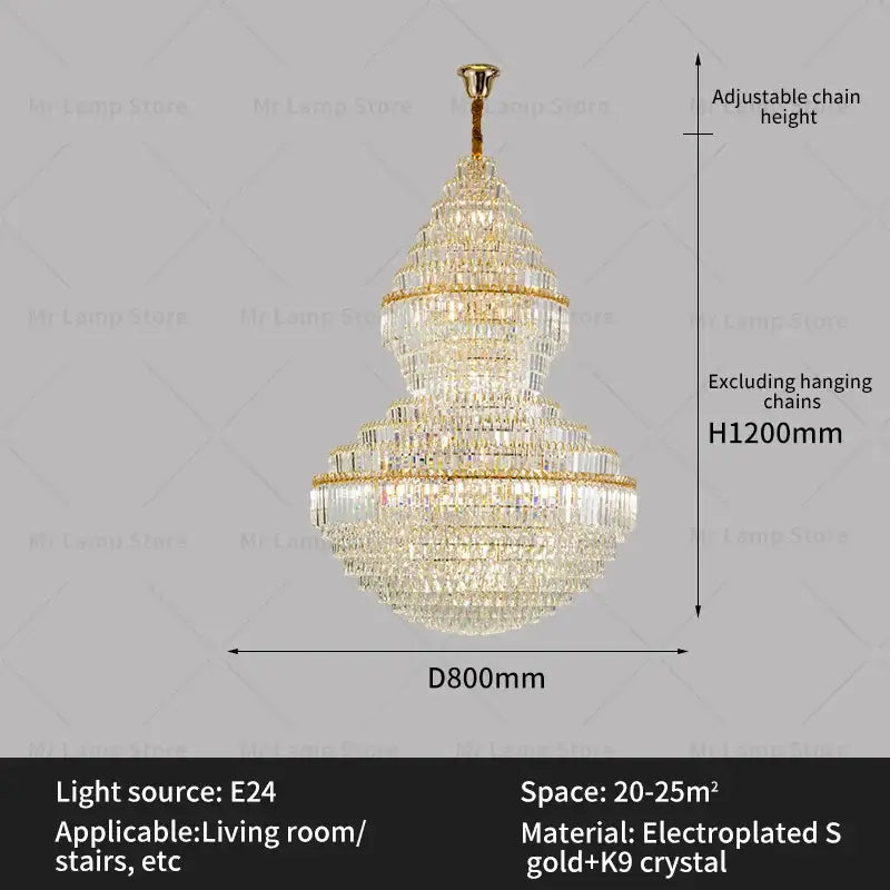 A luxurious gold-plated decorbites crystal chandelier with multiple tiers of clear crystal for elegant living rooms