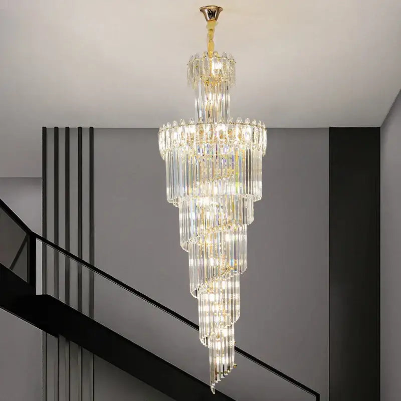 A decorbites crystal chandelier with cascading clear glass rods and gold-toned accents for modern villa halls