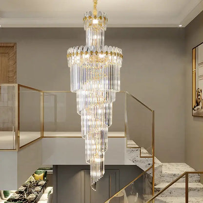 Decorbites crystal chandelier features multi-tiered clear glass rods with gold accents for luxury duplex villa lighting