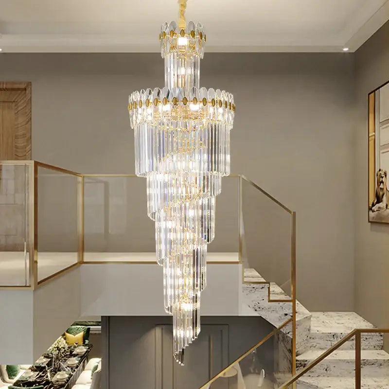 Decorbites crystal chandelier features multi-tiered clear glass rods with gold accents for luxury duplex villa lighting