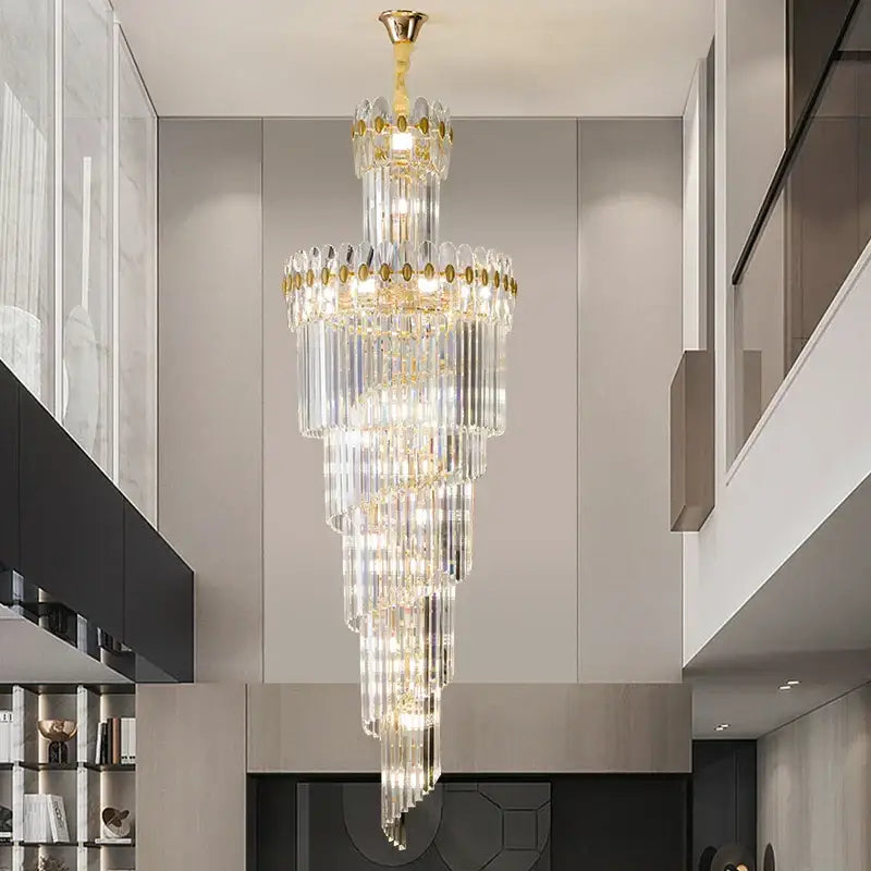 Decorbites crystal chandelier with multi-tiered gold-toned metal and cascading clear glass prisms for villa hall lighting