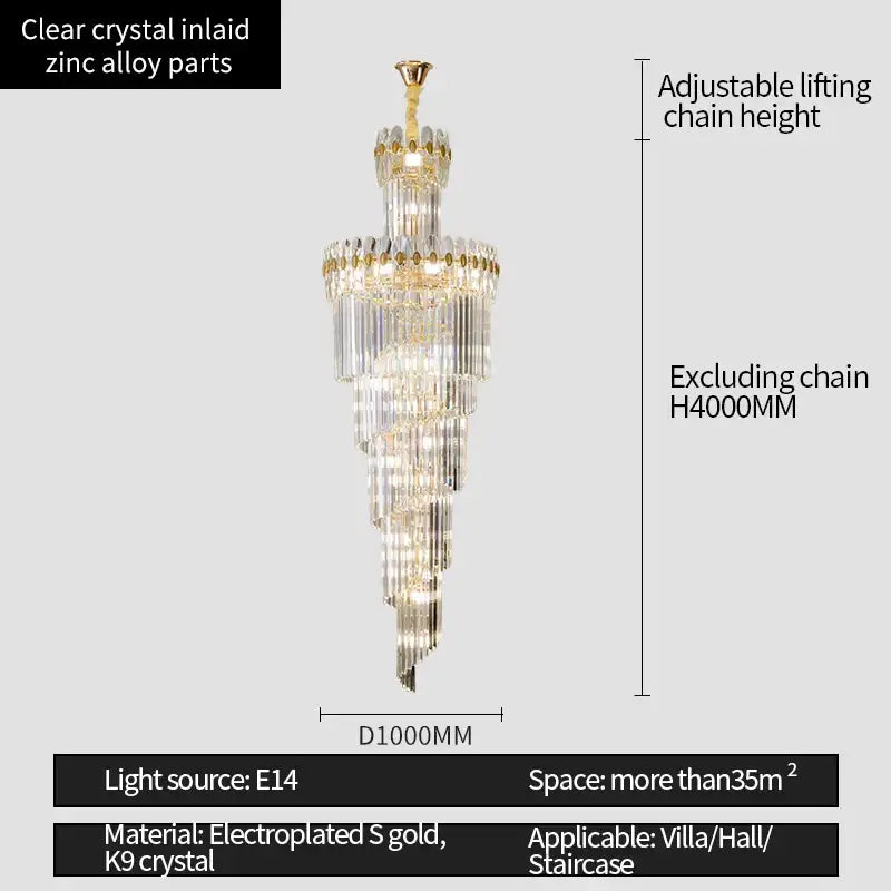 Decorbites crystal chandelier with clear crystal strands gold-plated zinc alloy and adjustable chain for villa hall lighting