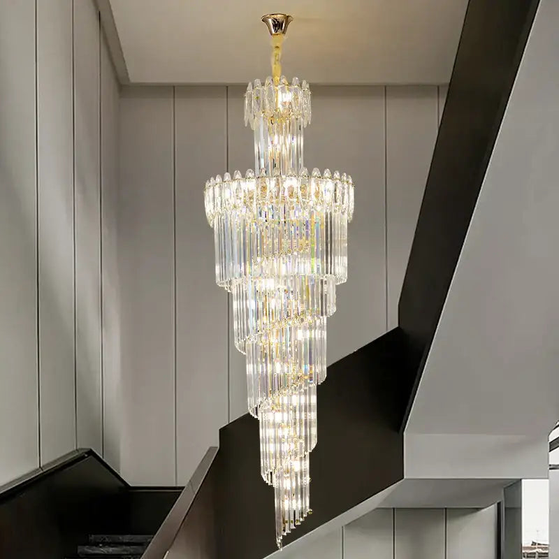 Decorbites crystal chandelier with gold ceiling mount and cascading glass rods for modern duplex hall lighting
