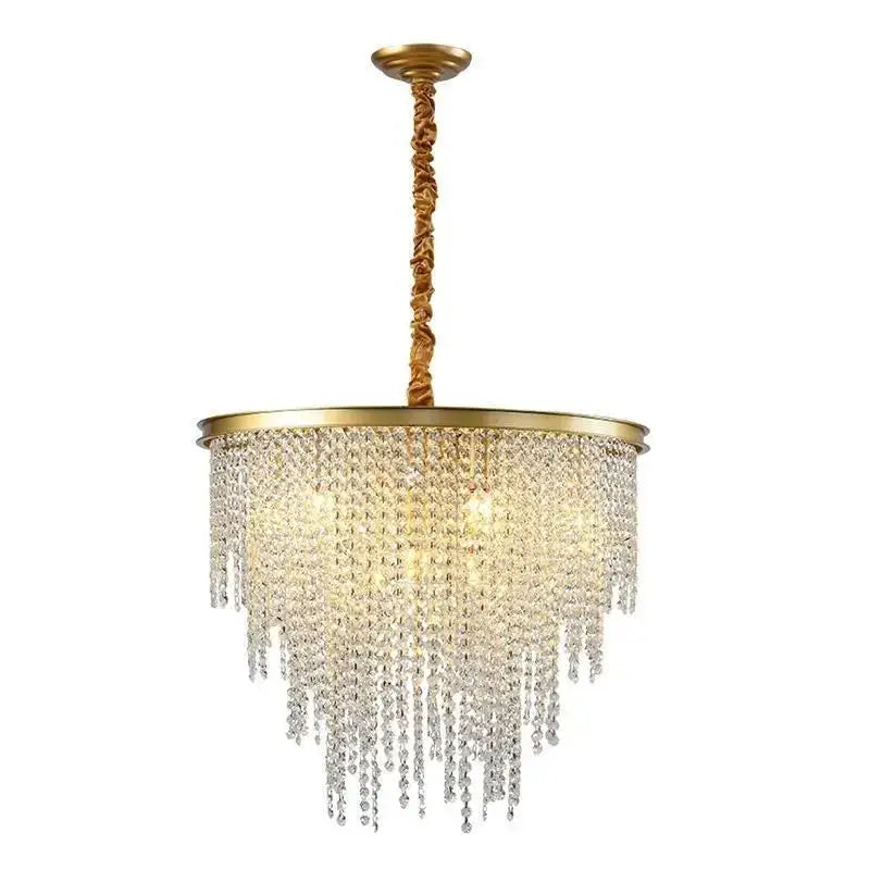 A luxurious gold-toned decorbites crystal chandelier with cascading clear beads and twisted rope chain for elegant spaces
