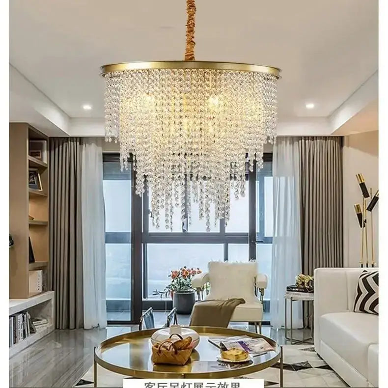 Gold-toned decorbites crystal chandelier with cascading crystal droplets pendant light for living dining and bedroom
