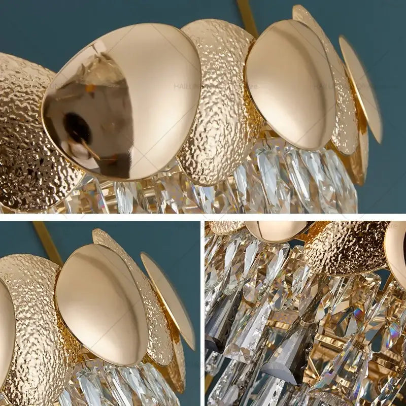 Gold-toned DecorBites crystal chandelier featuring hammered metal discs and dangling crystal prisms for elegant interiors