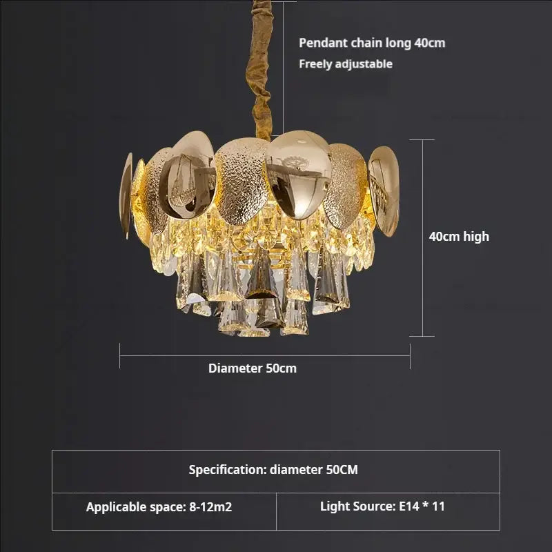 Gold-toned decorbites crystal chandelier featuring textured metallic discs and dangling prisms for elegant living spaces