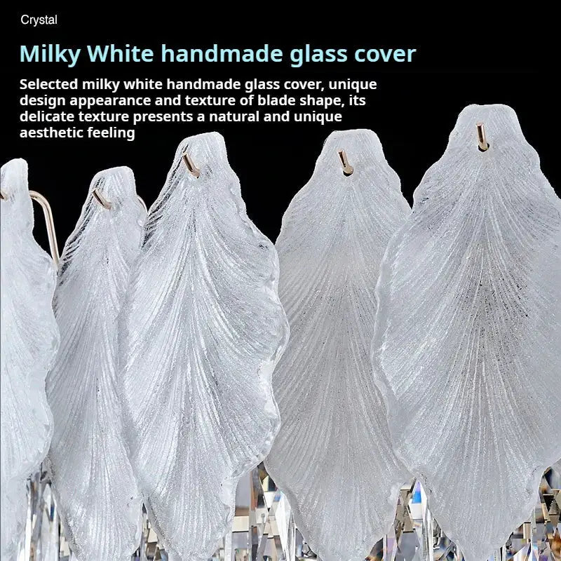 Milky white handmade glass covers with blade-like shape and textured surface in decorbites crystal chandelier modern elegance