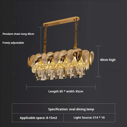 Gold-toned oval DecorBites crystal chandelier with textured frame and crystal teardrop pendants for modern elegance