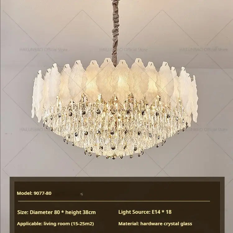 Elegant white and gold DecorBites crystal chandelier with leaf-shaped glass panels for modern elegance lighting