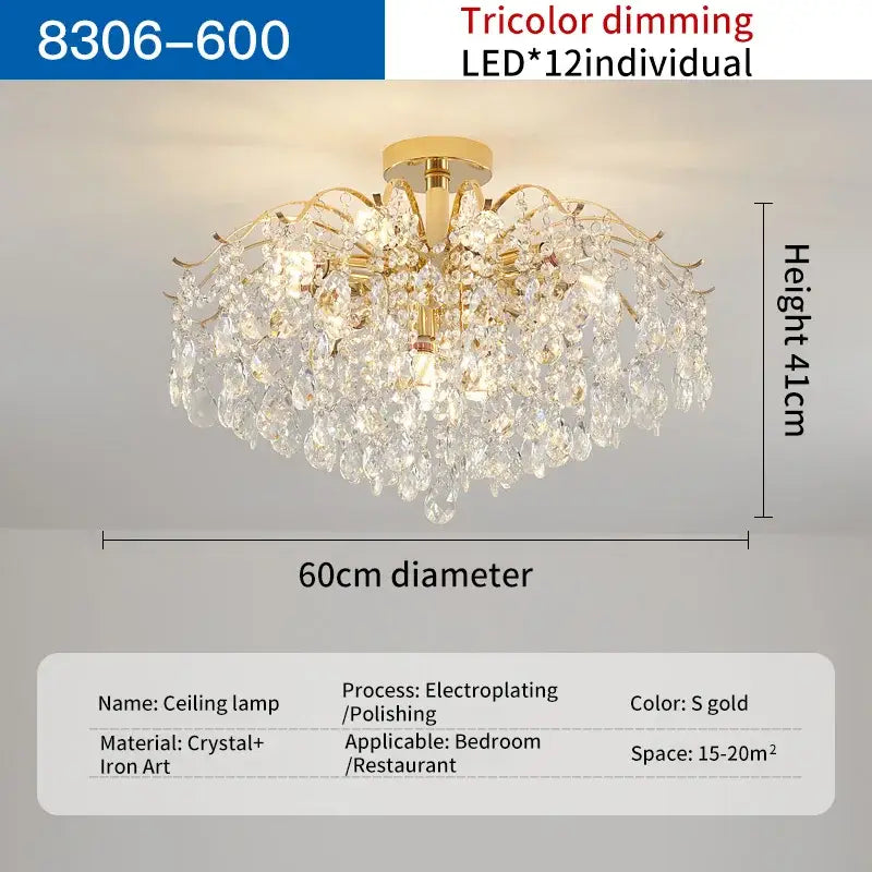 Gold electroplated decorbites crystal chandelier with dangling crystal droplets 60cm diameter for stylish living spaces