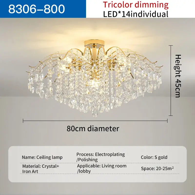 Gold-trimmed decorbites crystal chandelier with 14 tricolor LED lights for modern elegant living spaces