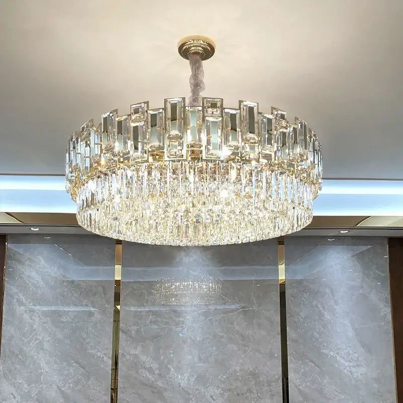 Decorbites crystal chandelier two-tiered gold and clear prism design elegant lighting for living room bedroom kitchen