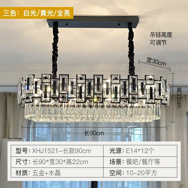 Elegant 90cm decorbites crystal chandelier with black metal frame and clear crystals, adjustable height for modern rooms