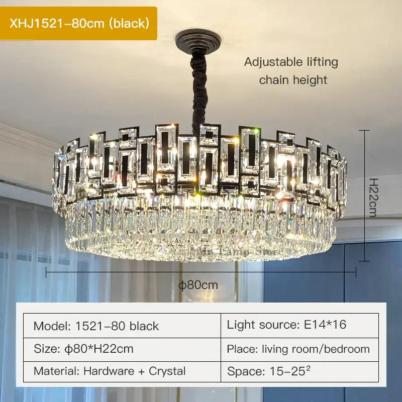 Black metal decorbites crystal chandelier with two tiers of faceted crystals and adjustable chain for elegant lighting