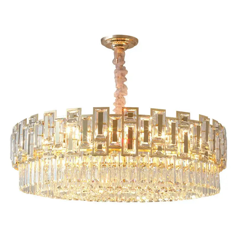 Gold-toned decorbites crystal chandelier with cascading crystal prisms and twisted central stem for elegant lighting