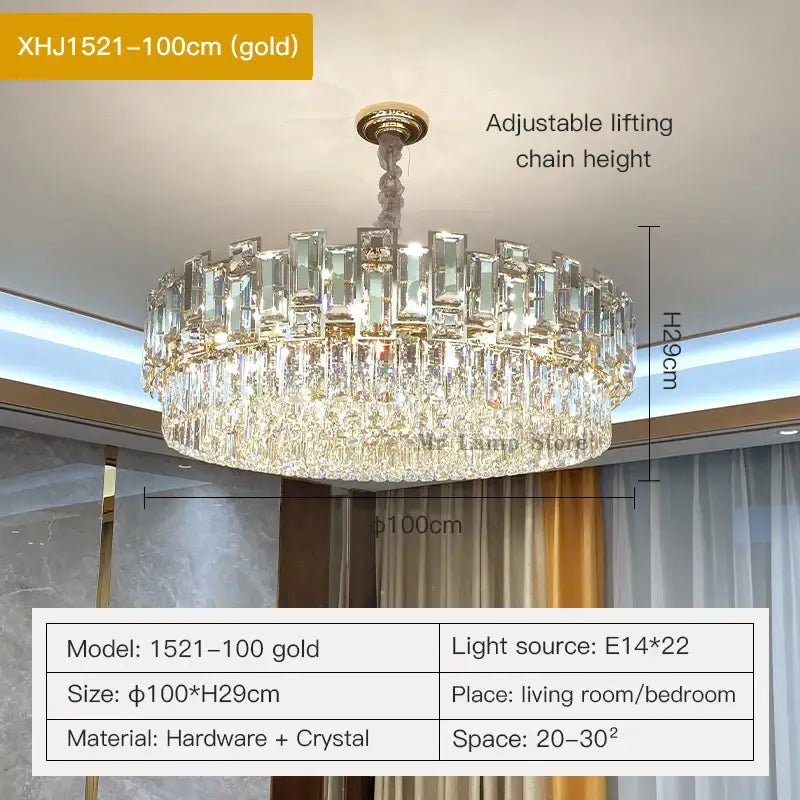 Gold-finished decorbites crystal chandelier model xhj1521-100cm with clear crystal prisms for elegant living spaces