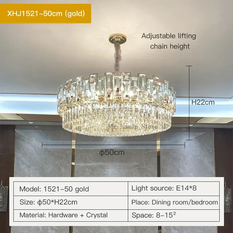 Gold-finished decorbites crystal chandelier xhj1521-50cm with two tiers of clear crystal prisms for elegant lighting