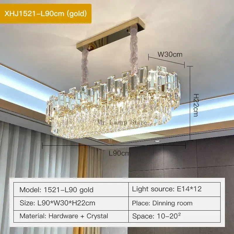 Gold-finished decorbites crystal chandelier with modern rectangular design and cascading crystal prisms for elegant lighting